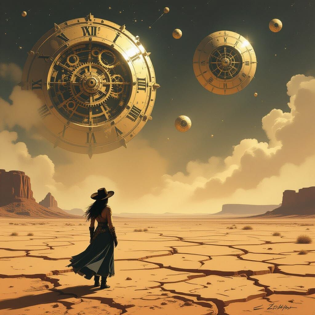 Cowgirl Under Clockwork Celestial Bodies in Desert