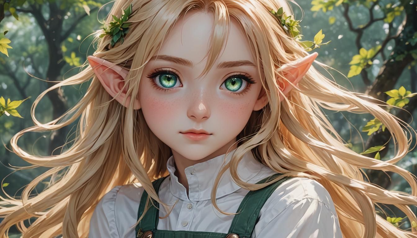 Anime Elf with Flowing Hair in Overalls