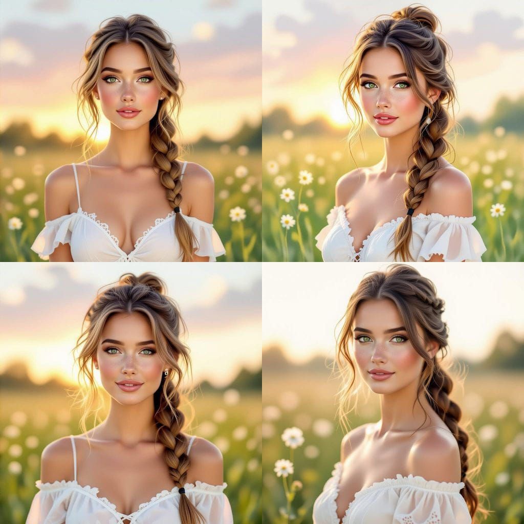 Pretty Woman Portrait in Springtime Sunrise, Gouache Style