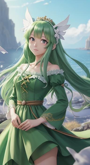 Anime Fairies in Green Dresses, Cel-Shaded Style
