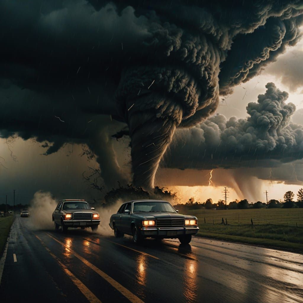 Dramatic Tornado Chase in Cinematic Film Still