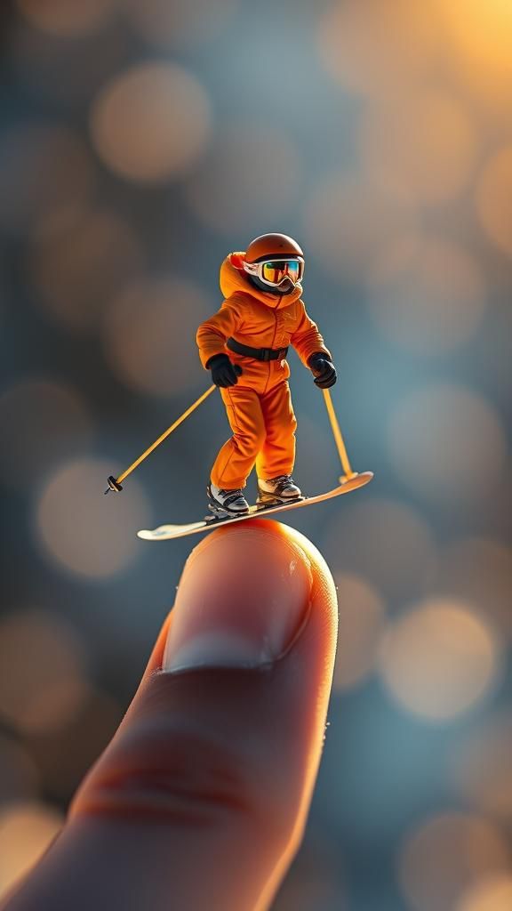 Miniature Skier on Finger Tip: Cinematic 35mm Film