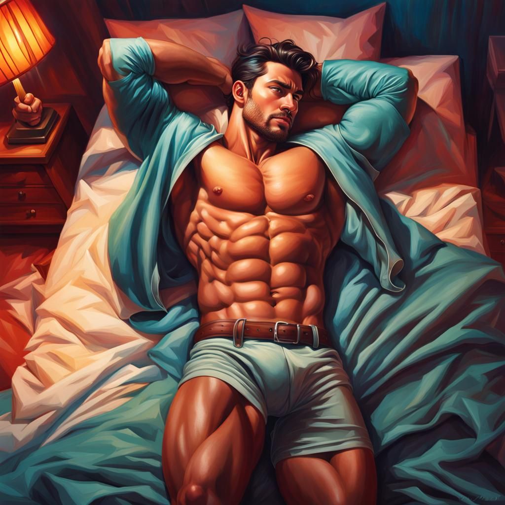 Muscle Man Relaxing on Bed: Hyperrealistic Splash Art