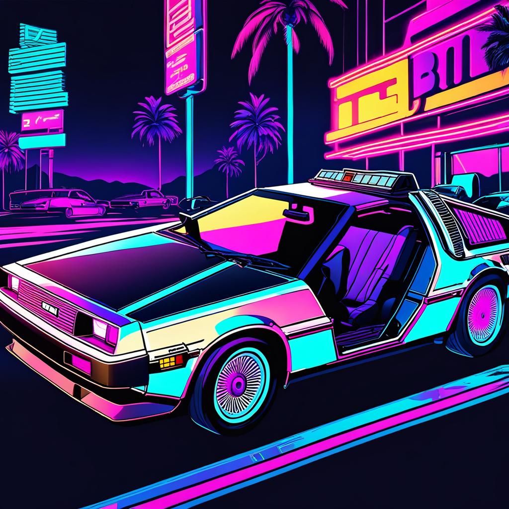 Vaporwave DeLorean on Retro Sunset Drive