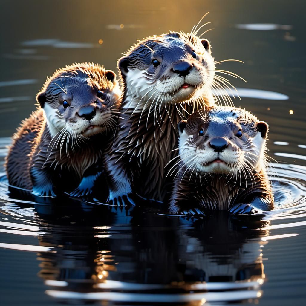 Otter Cubs Play at Dawn: Watercolor Painting