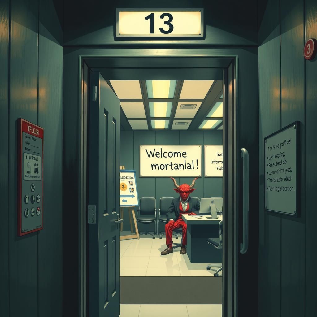 Inside the elevator, the top panel indicates that it is the 13th floor, the door is open and outside you can see a sign ...