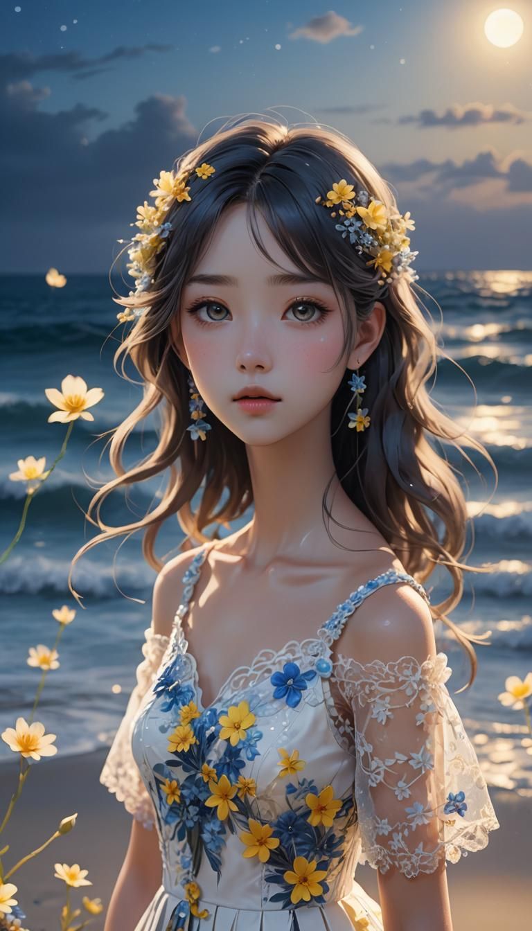 Moonlit Beach Anime Girl Portrait in 3D