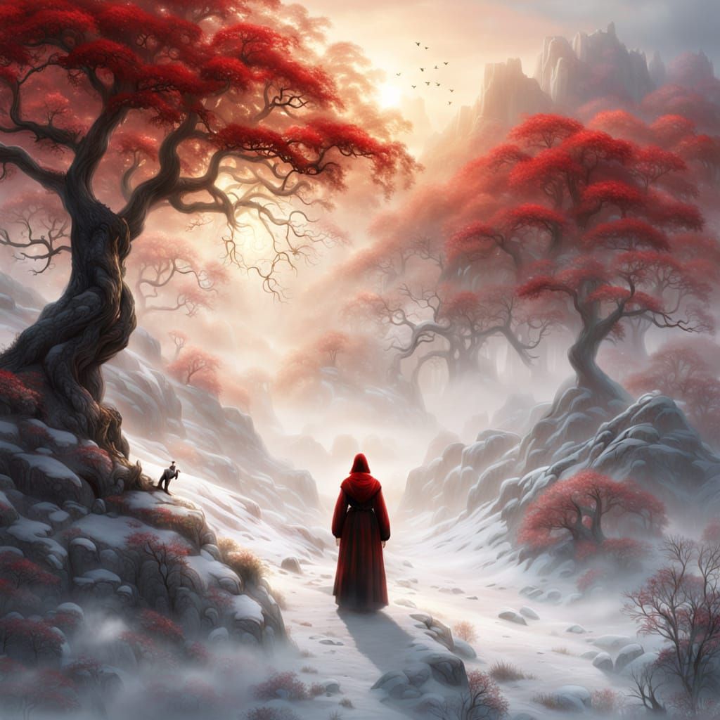 Ethereal Figure in Misty Fantasy Landscape
