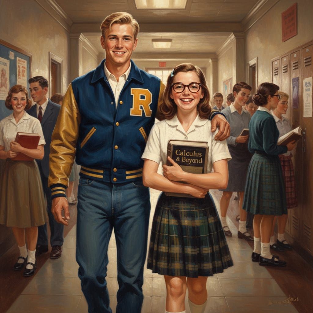High School Sweethearts Walk Hallway as Oil Painting