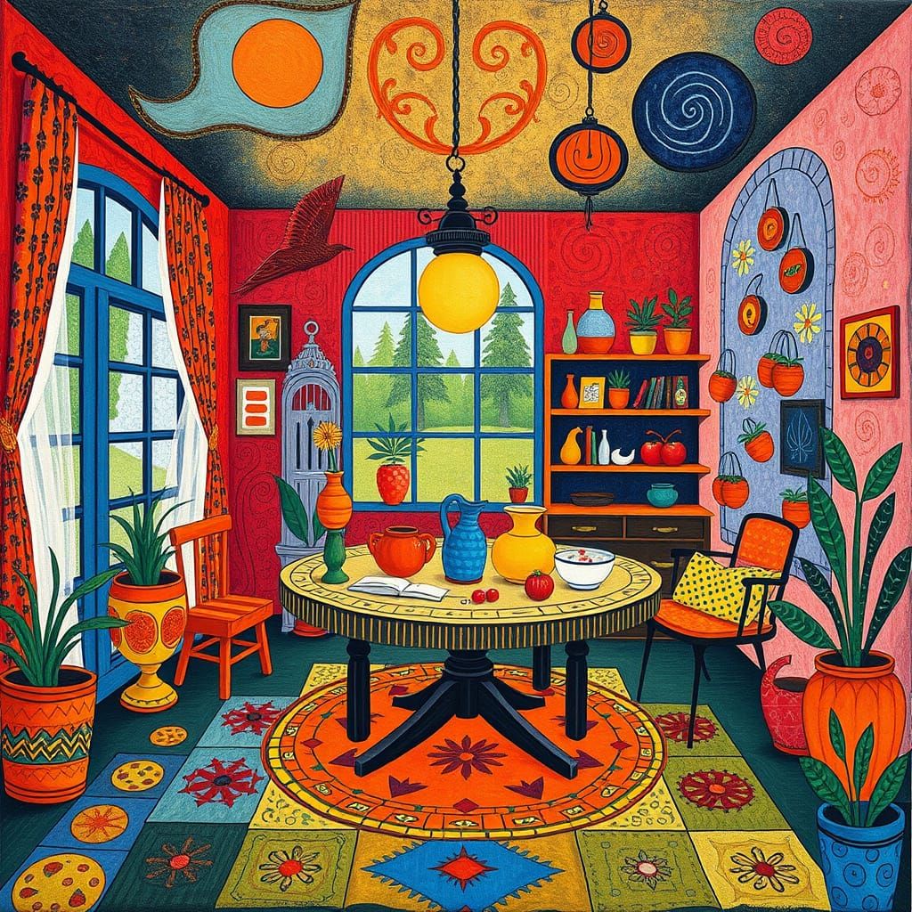 Vibrant Folk Art Scene with Geometric Patterns