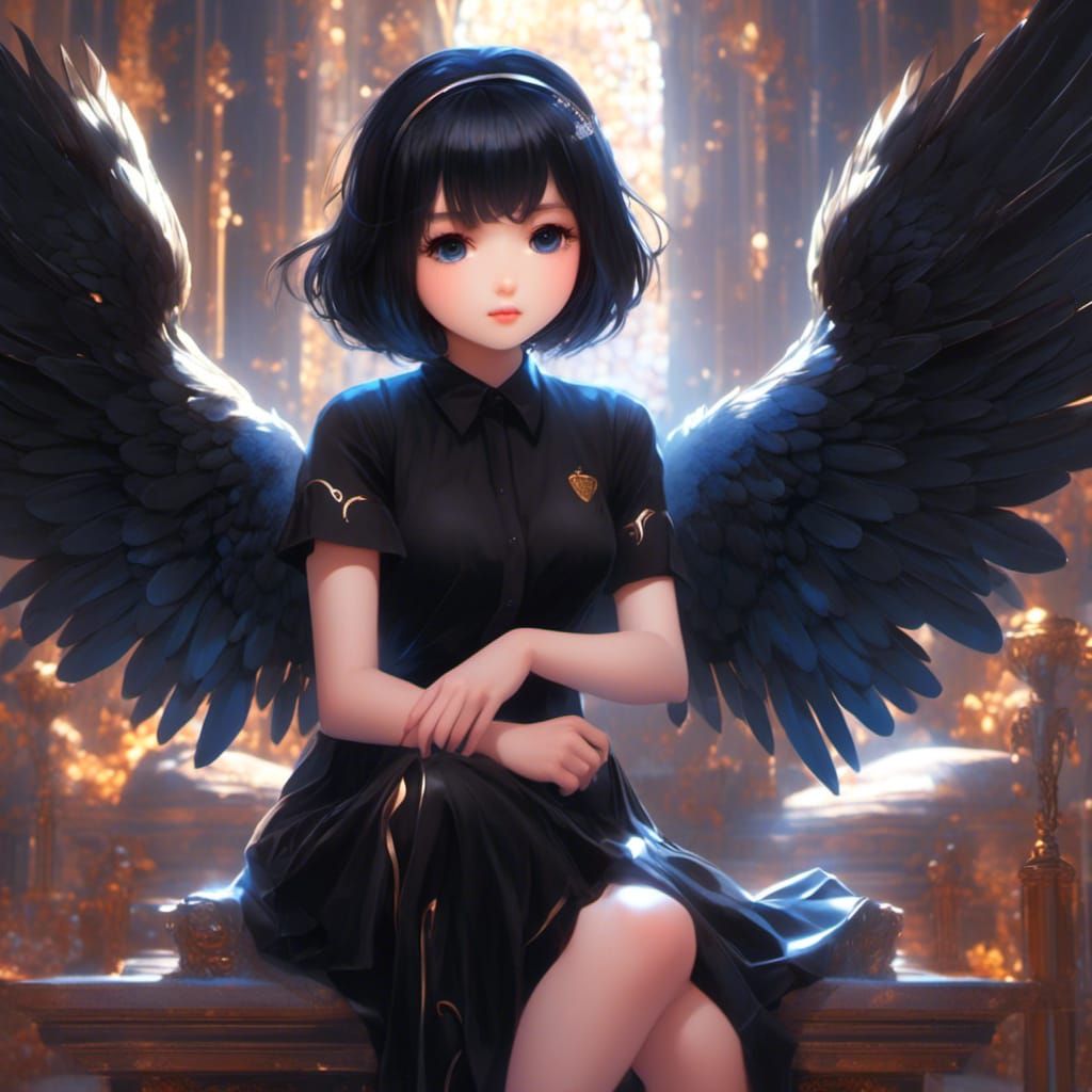 Anime Angel with Black Hair and Wings