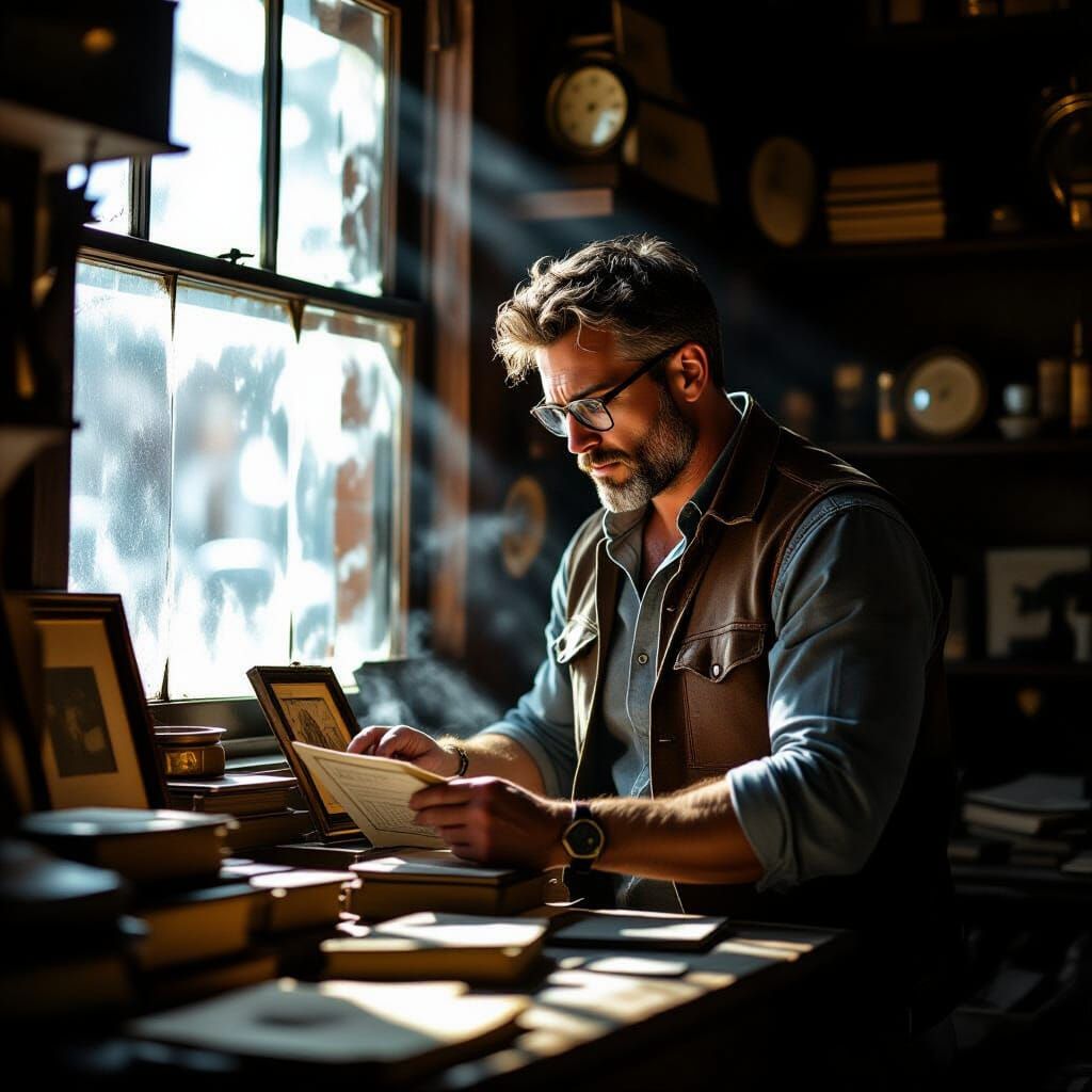 Man Browsing Antiques in Cinematic Shop