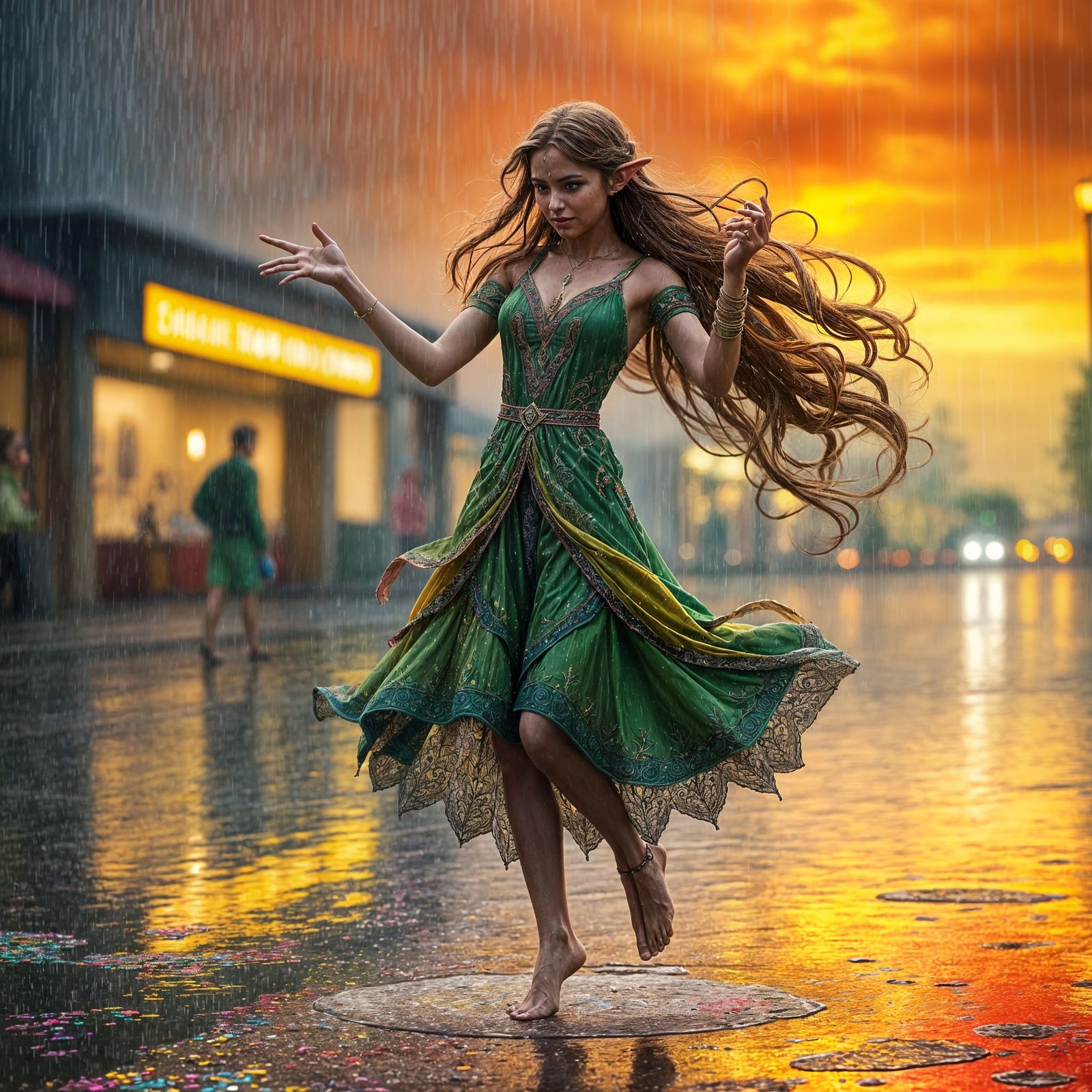 Ethereal Elf Dancer in Vibrant Rain