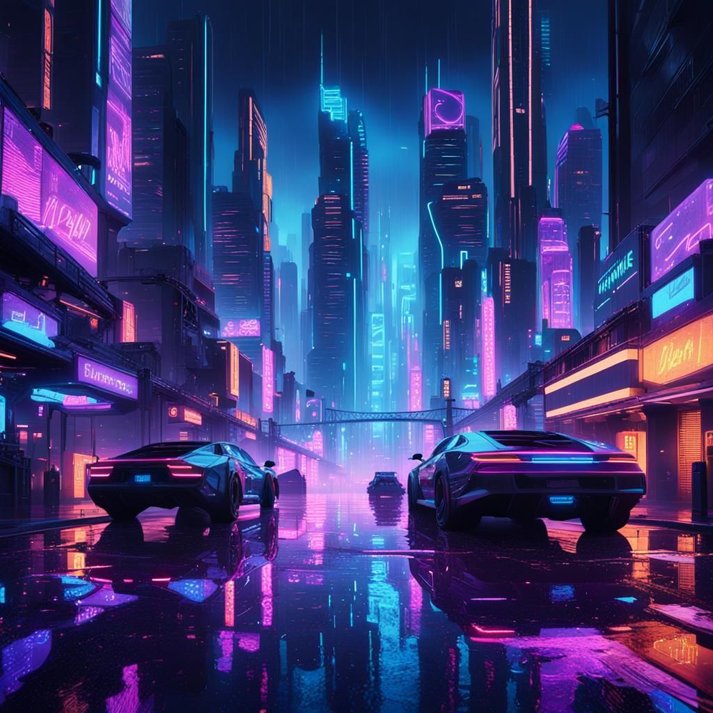 Cyberpunk Cityscape with Neon Lights and Skyscrapers