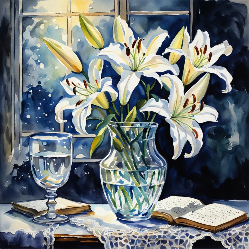 Serene Still Life: Lilies, Book, and Moonlight
