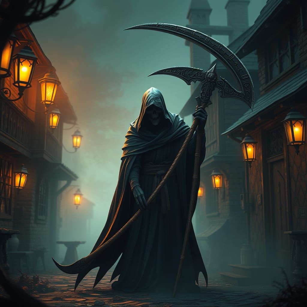 Grim Reaper in Dark Cottage Street Scene, Fantasy Concept Ar...