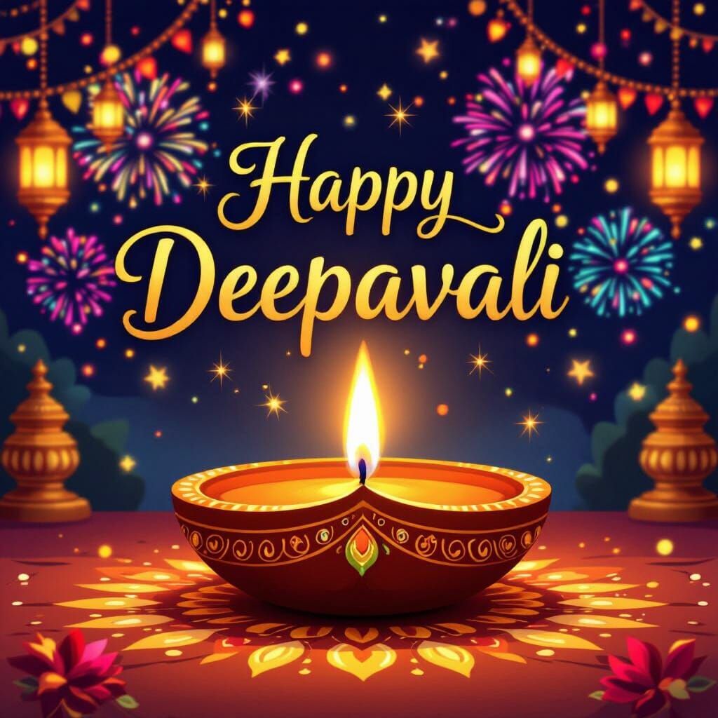 Vibrant Deepavali Celebration with Glowing Diya and Firework...