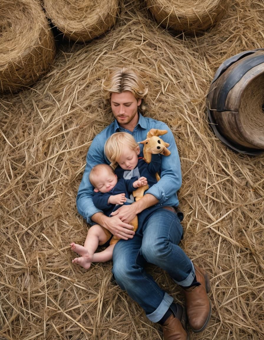 Boy Asleep on Haystack Holding Horn