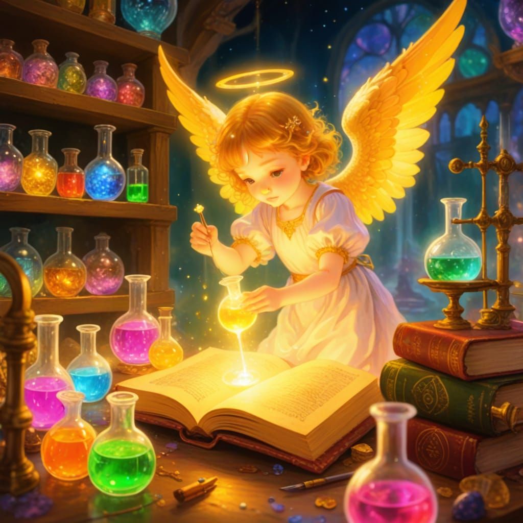 Cute Angel Prepares Potions in Magic Lab Painting