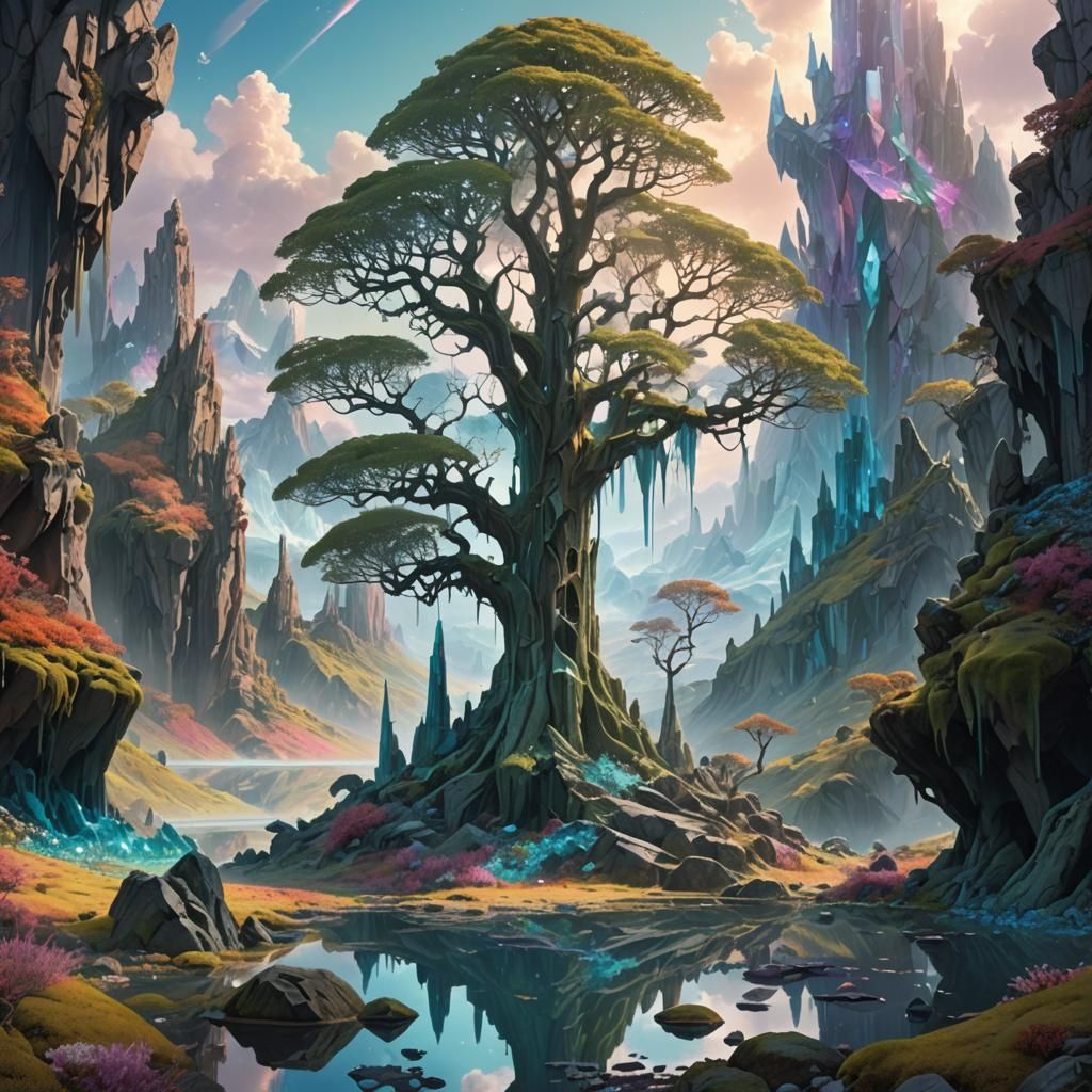 Surreal Crystal Landscape with Ancient Tree