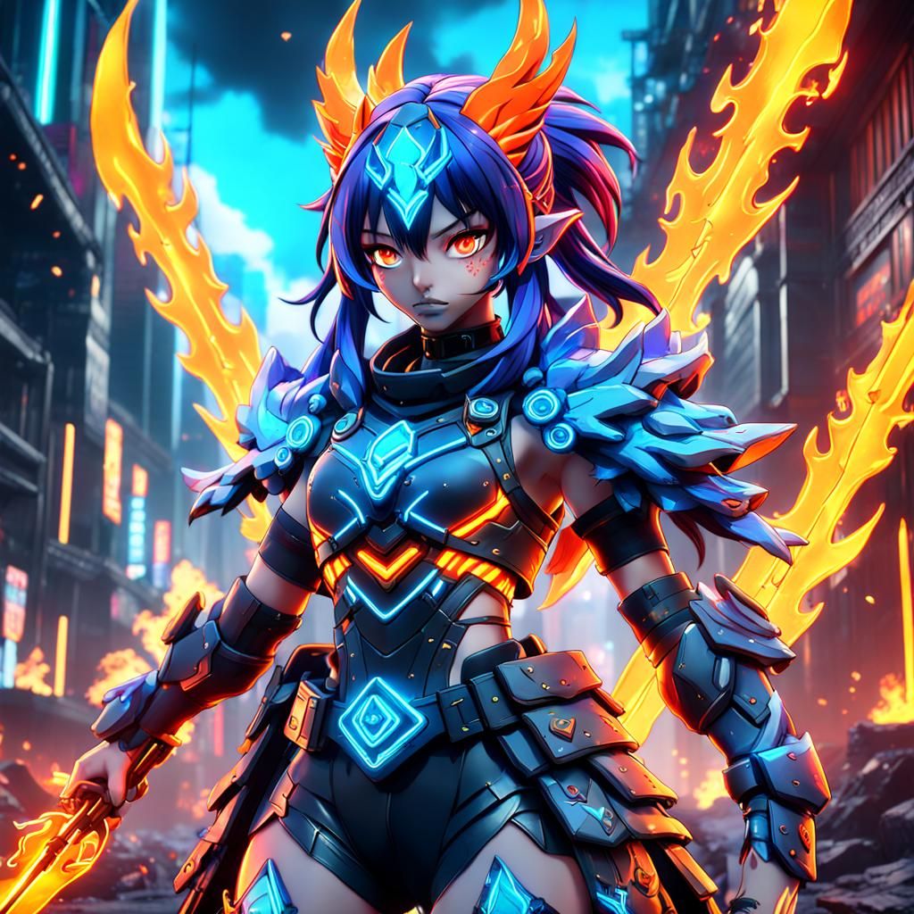 Anime Neon Warrior Girl in Detailed Digital Painting