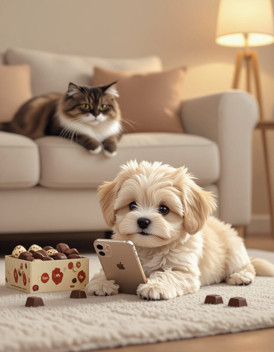 Maltese Puppy Holds iPhone, Cat Eats Chocolate in Cozy Room