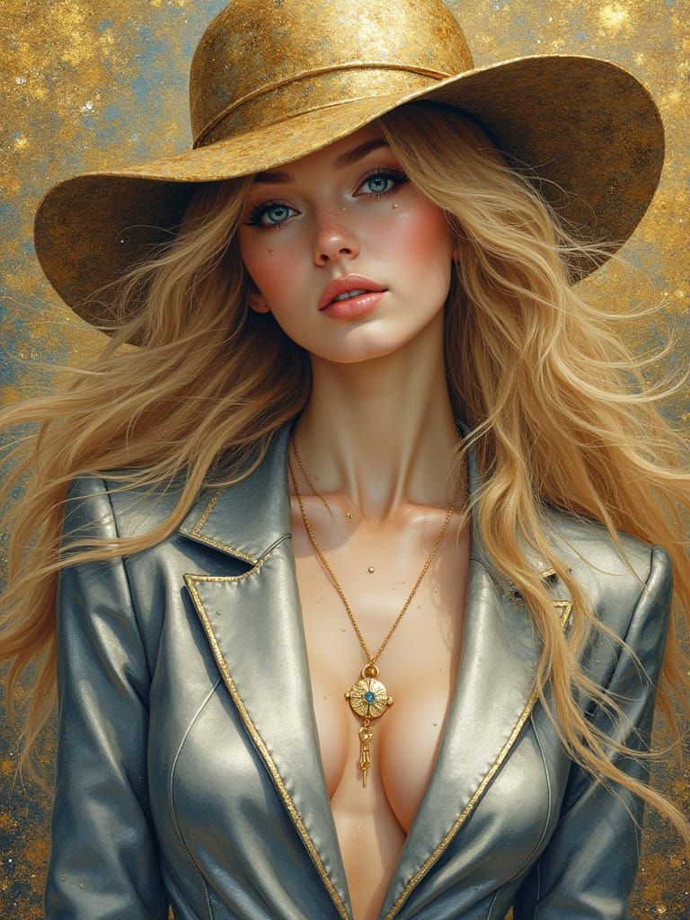 Woman in Silver Suit Amidst Cosmic Patterns