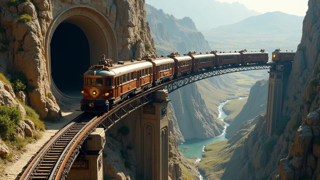 Steampunk Monorail Emerges From Tunnel