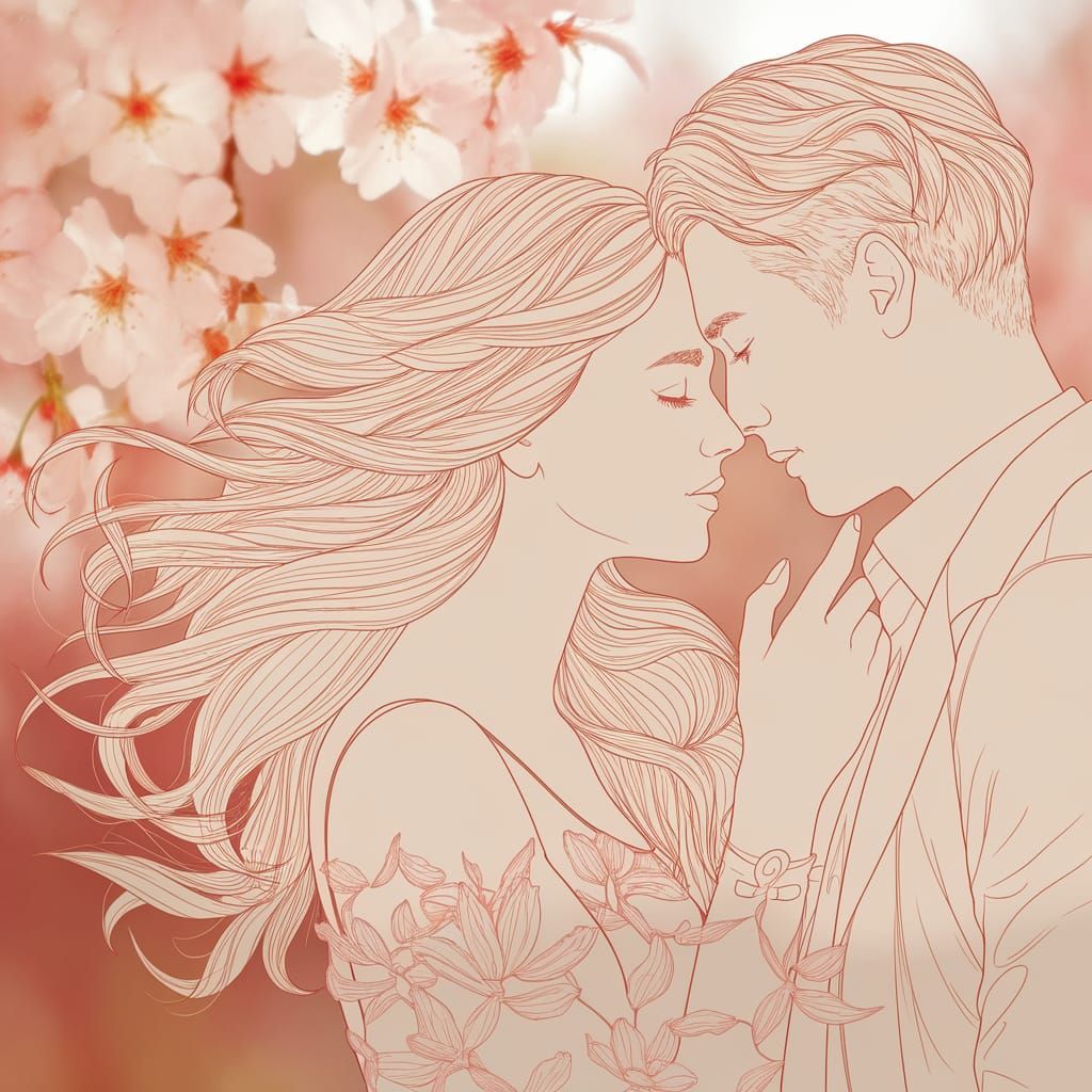 Tender Cherry Blossom Moment in Delicate Line Art