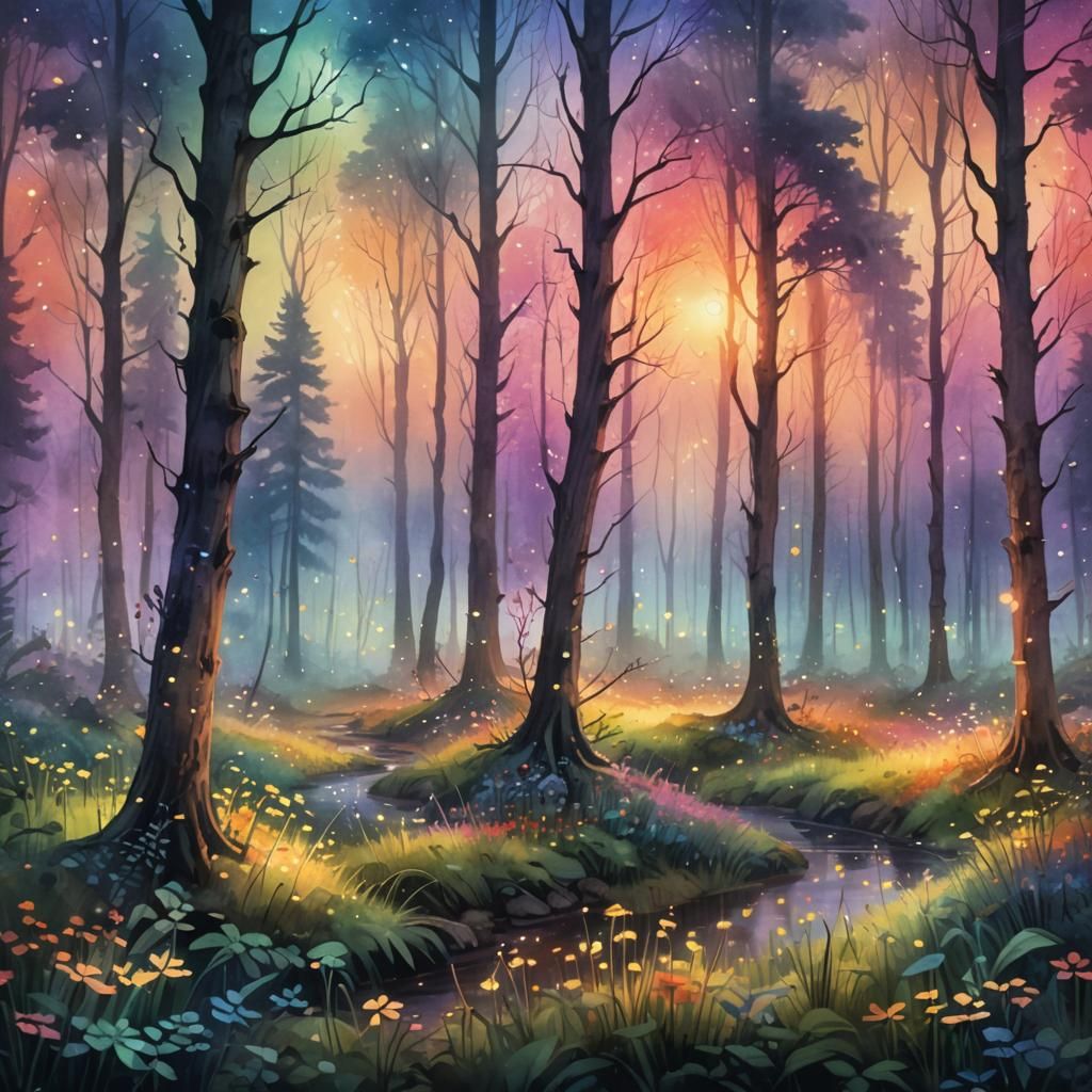 Mystical Forest Sunset Watercolor Illustration