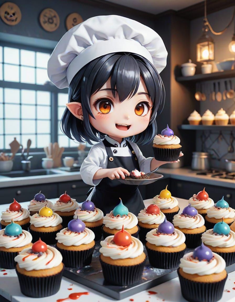 Cute Demon Pastry Chef in Whimsical Haunted Kitchen