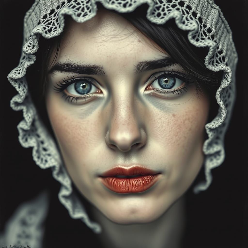 Brabant Woman in Traditional Poffer Bonnet, Charcoal Drawing