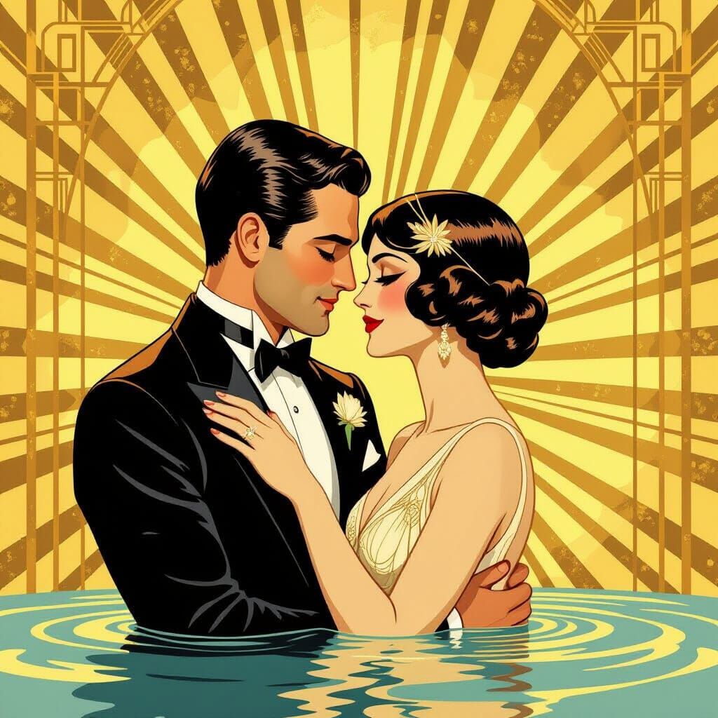 Art Deco Couple in Golden Sunburst