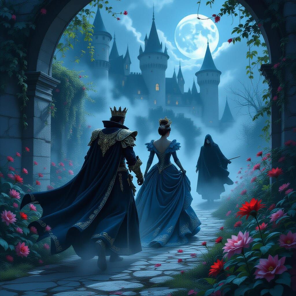 Royal Flight: Baroque Court Pursued in Moonlit Garden