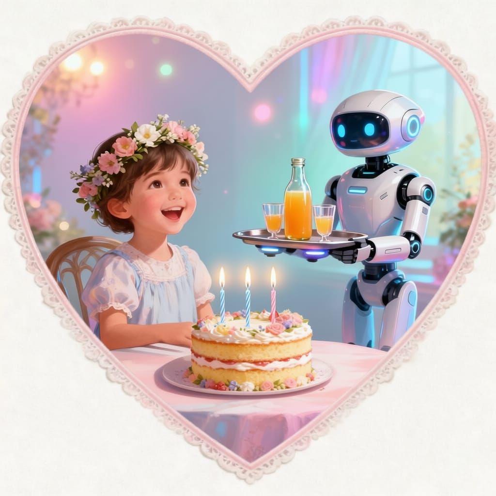Futuristic Birthday Postcard: Child, Robot Butler, and Cake