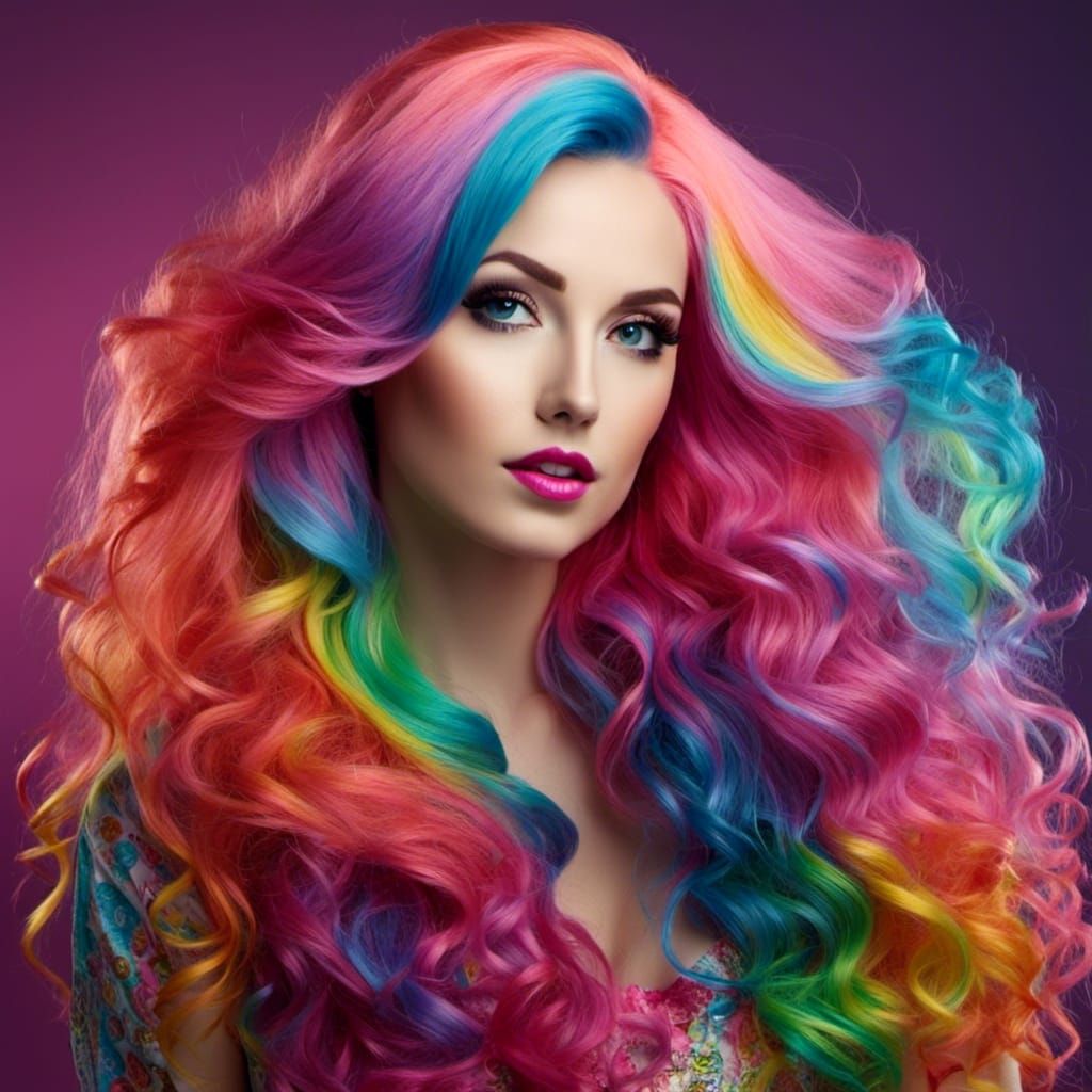 Woman with Long Rainbow Hair in Candyland Style