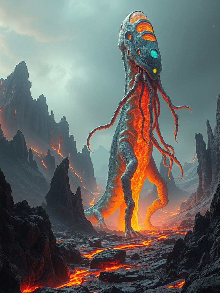 Iridescent Lava Being in Alien Landscape, Biomechanical Art