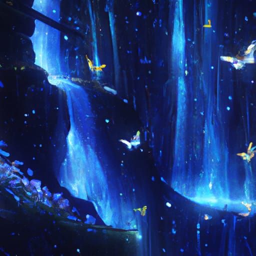 Glowing Butterflies by Waterfall at Night