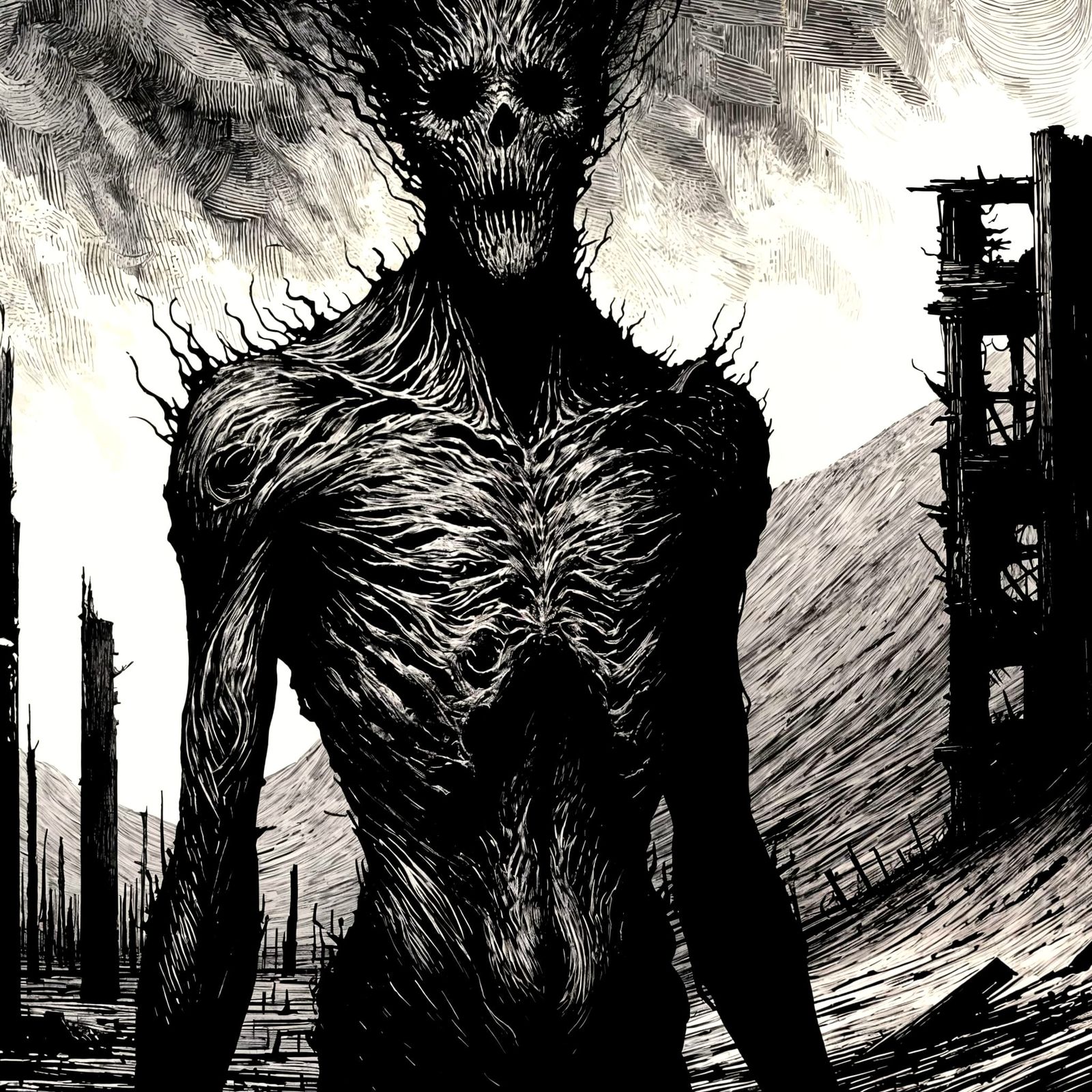 Menacing Faceless Demon in Surreal Inking Style