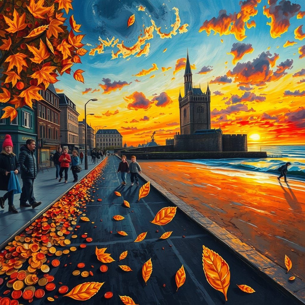 Autumn Sunset Oil Painting with Swirling Coin Leaves