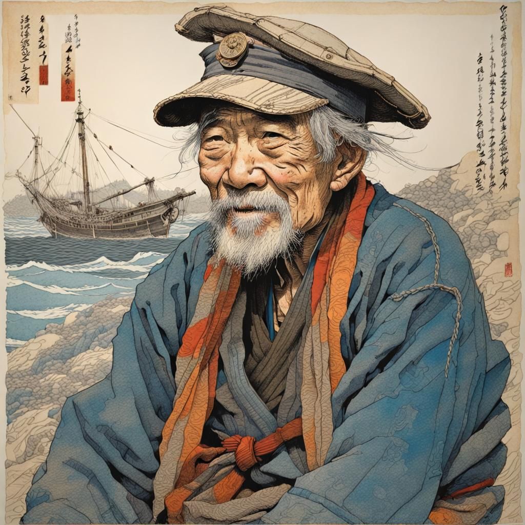Colorful Pen and Ink Portrait of Weathered Sailor