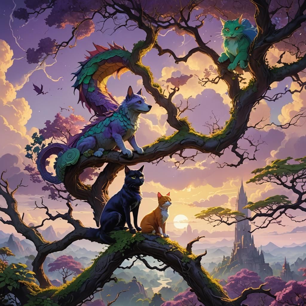 Dog, Cat, and Dragon on Branch, Miyazaki-Inspired