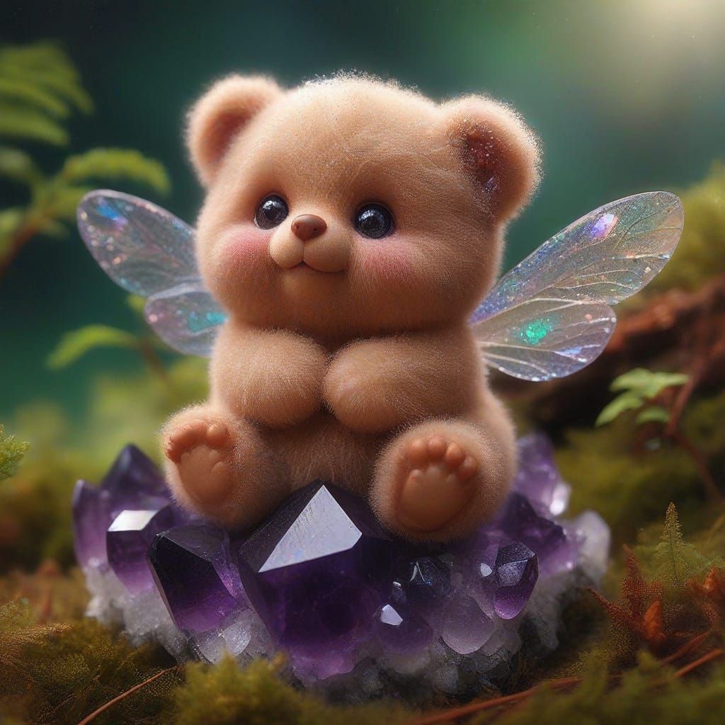 Tiny Fuzzy Bear Fairy Sits on Amethyst Crystal
