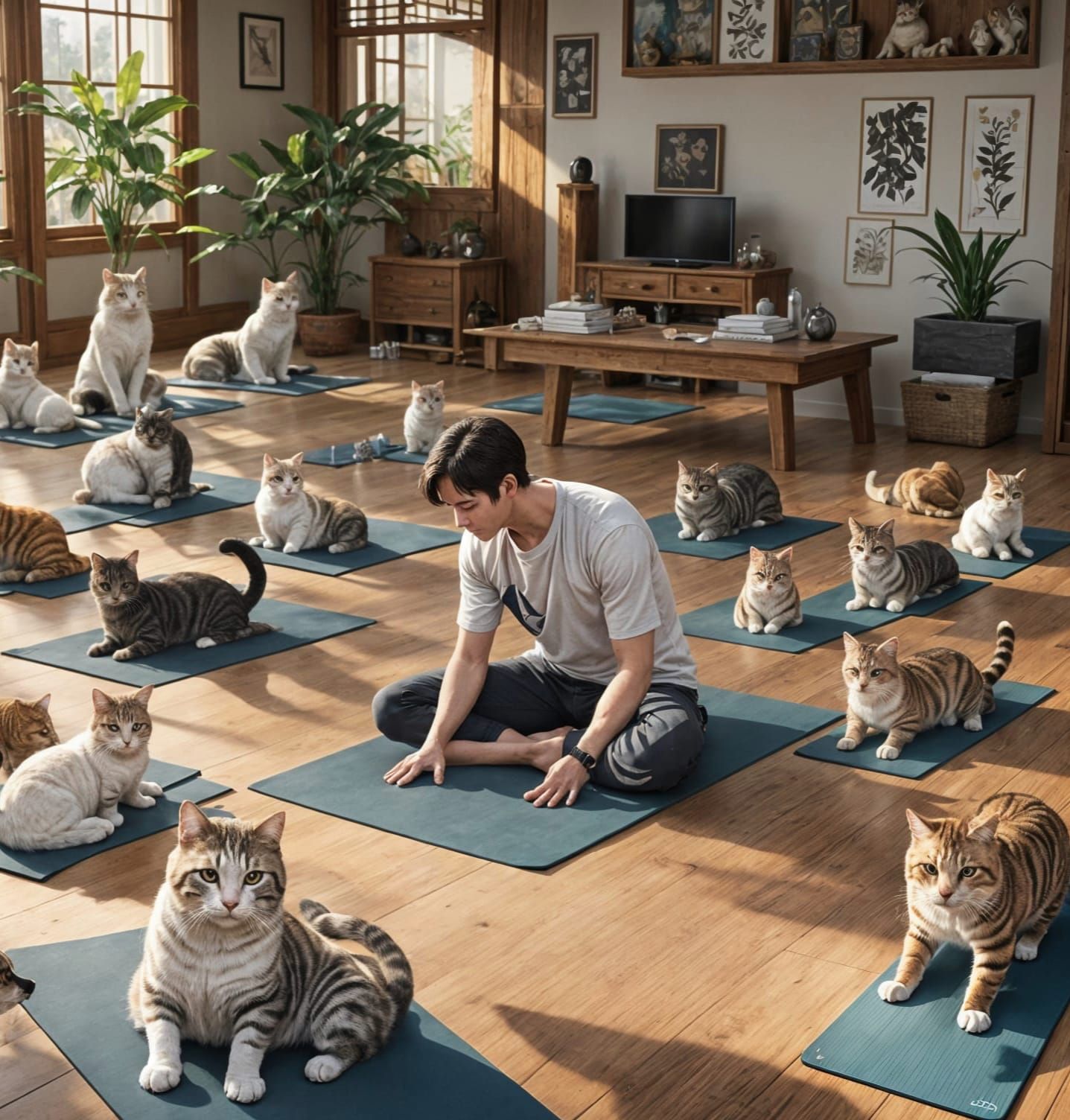 Cats Imitate Yoga Poses in Anime Style