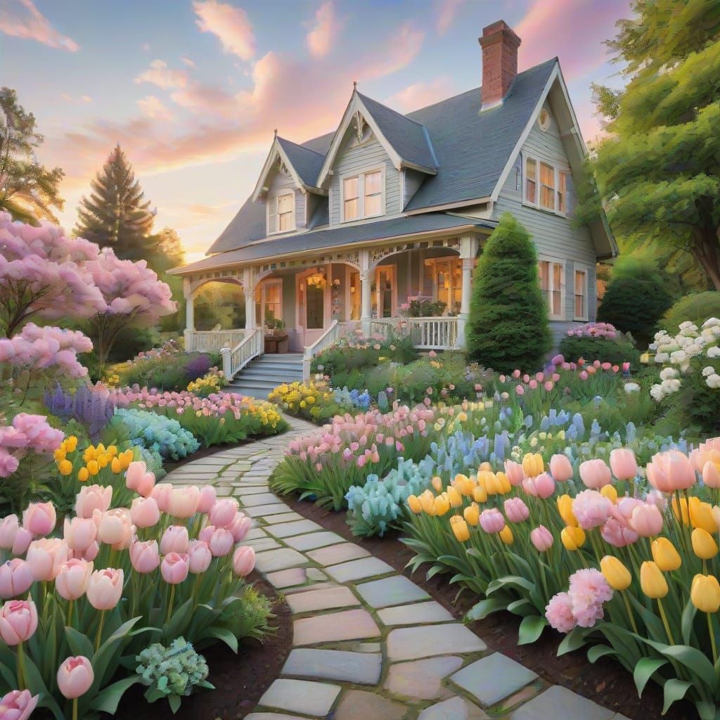 Charming Pastel Victorian House Scene in Whimsical Garden
