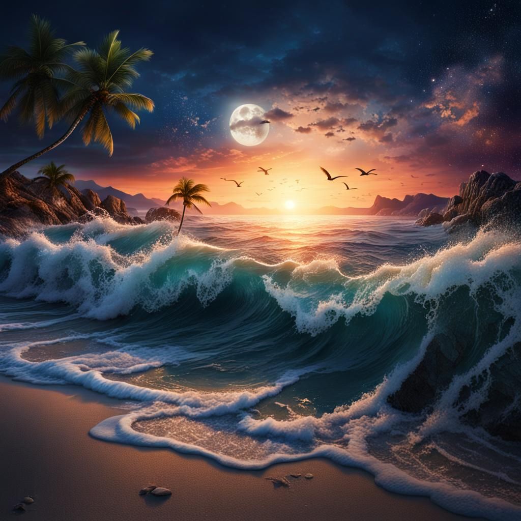 Moonlit Beach Symphony: A Fantastical Digital Painting