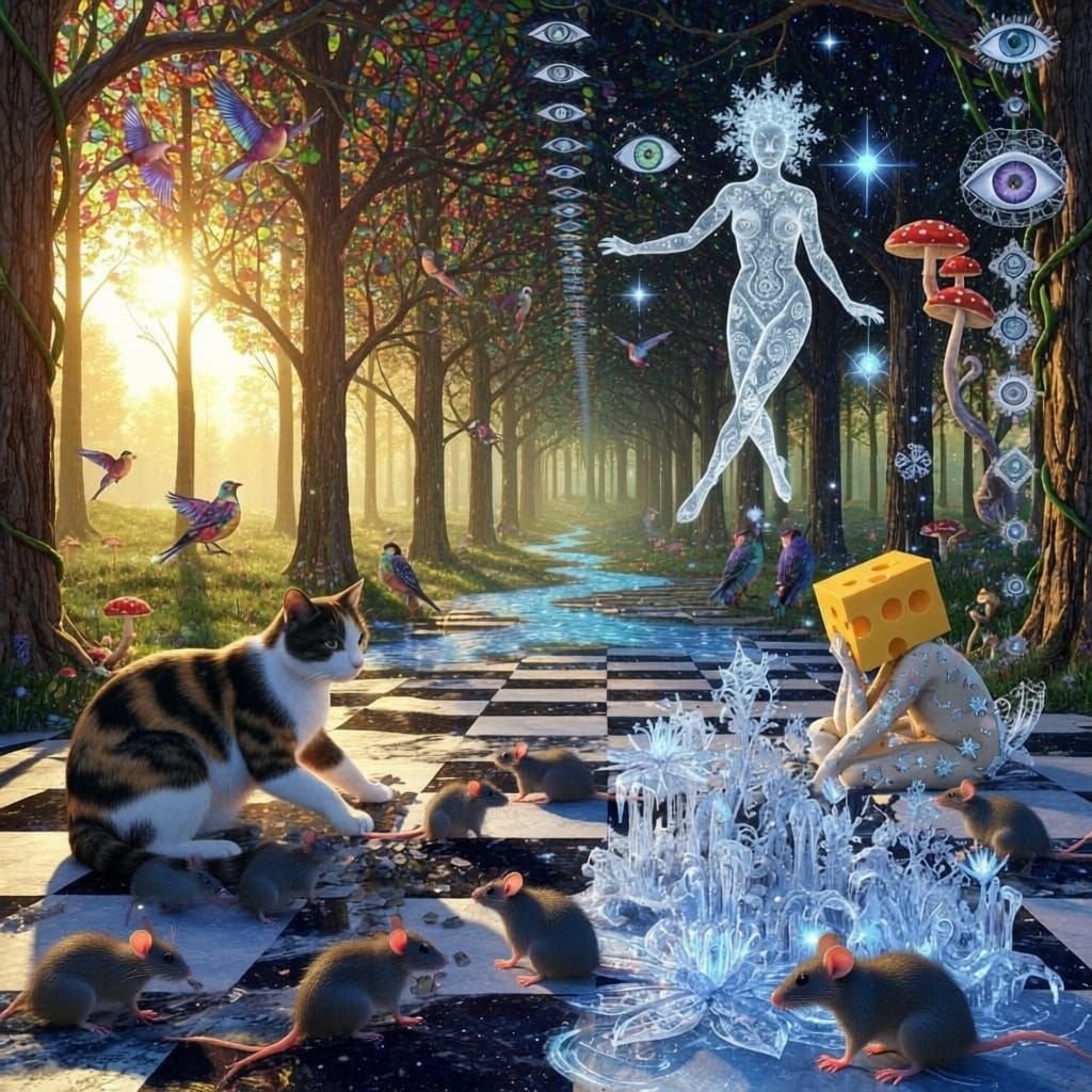 Surreal Astral Chess Queen and Cat in Stained Glass Forest