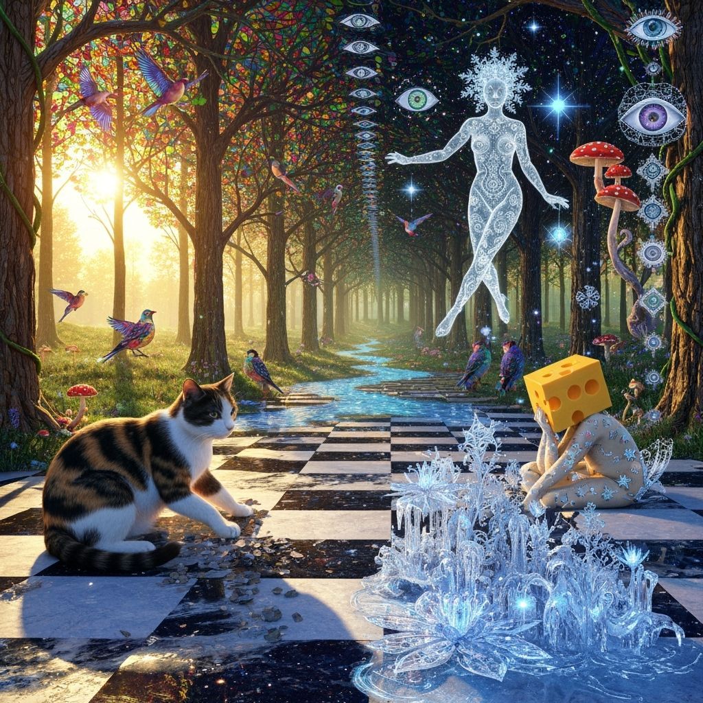 Surreal Chessboard Scene with Cosmic Cat and Bioluminescent ...