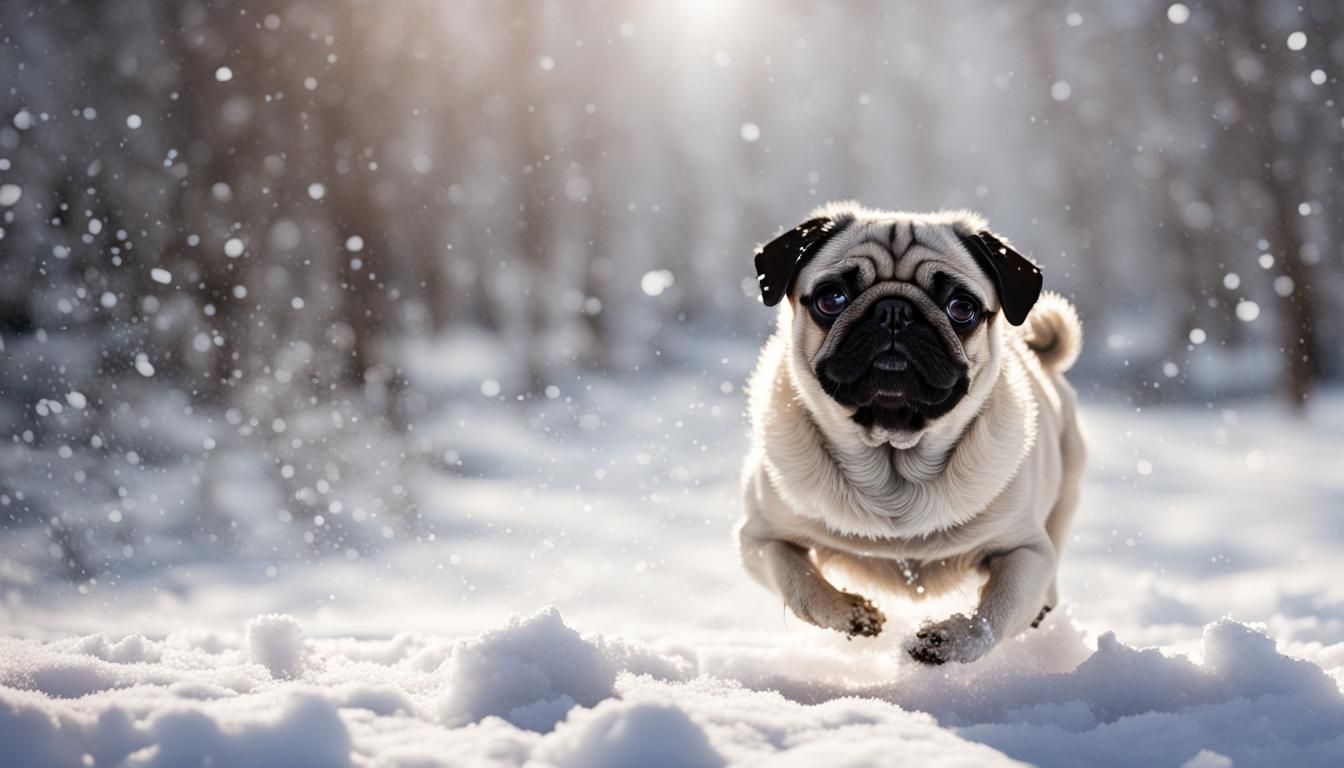 Pug Dog Playing in Snow, Realistic Rendering
