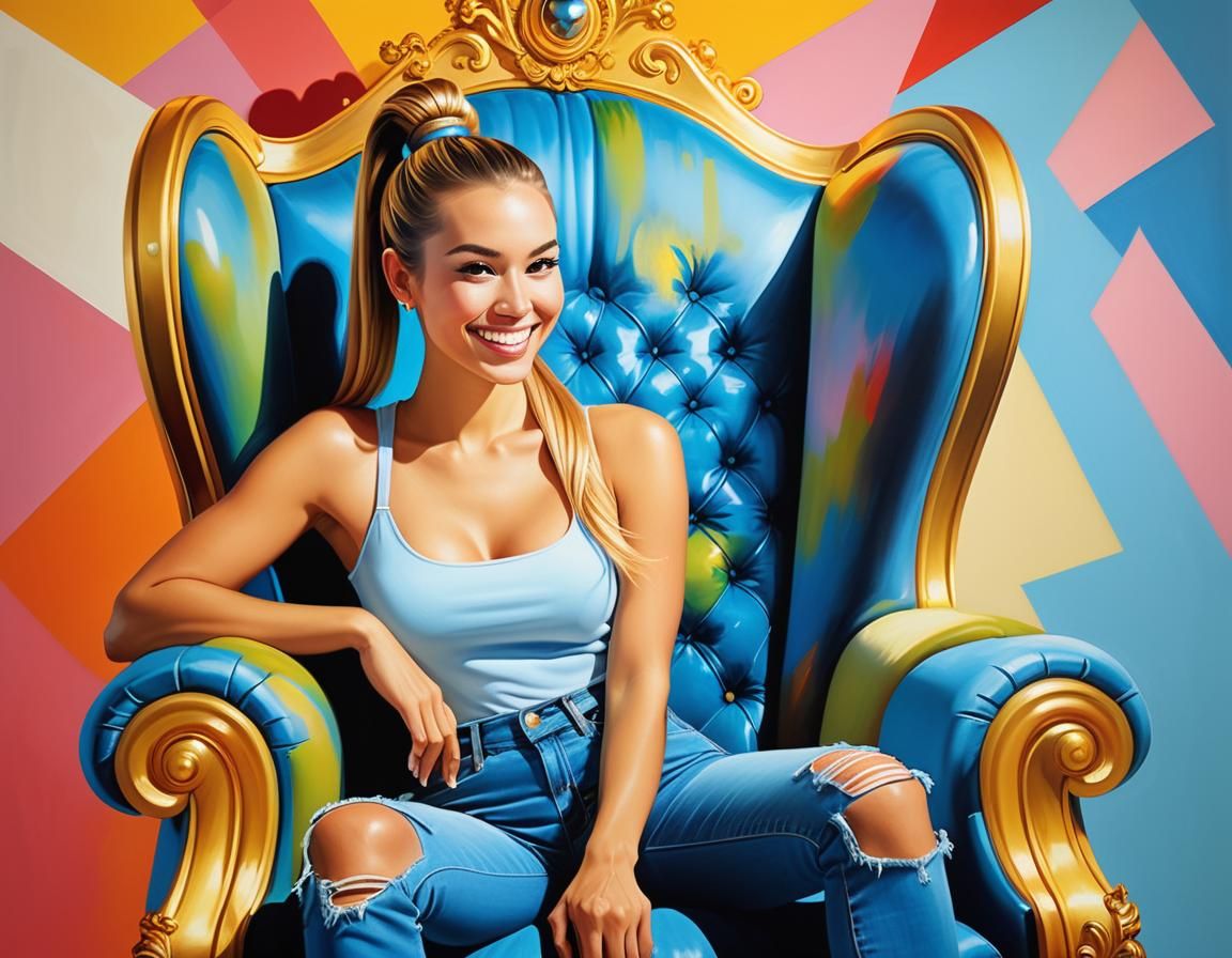 Pop Art Woman in Blue Jeans on Throne